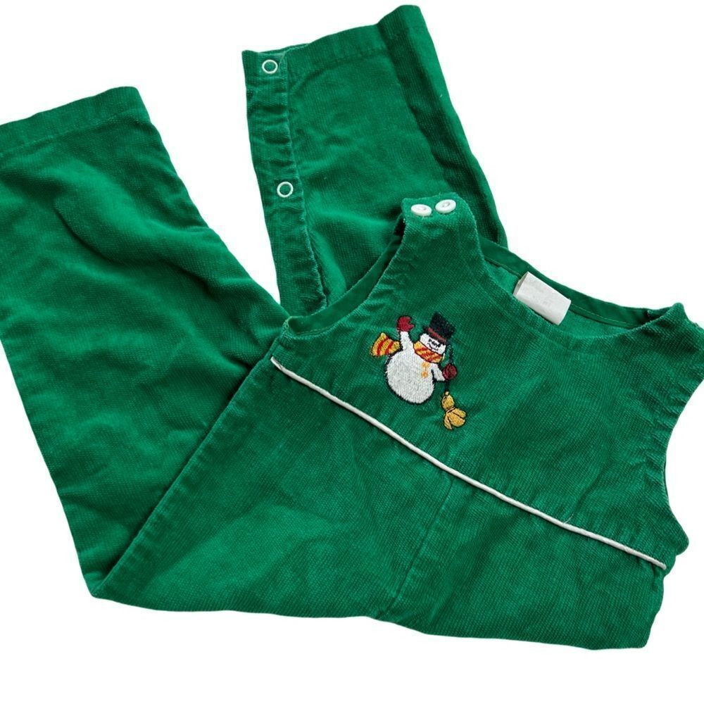 Vintage 1980s Green Corduroy Christmas Snowman Embroidered Holiday Overalls